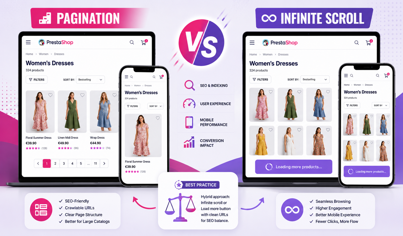 Pagination vs infinite scroll in PrestaShop - SEO and UX tradeoffs comparison