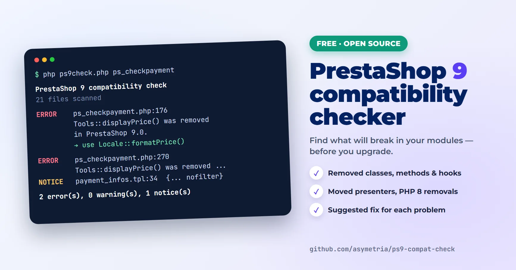 Free PrestaShop 9 compatibility checker: terminal report listing removed methods in a module