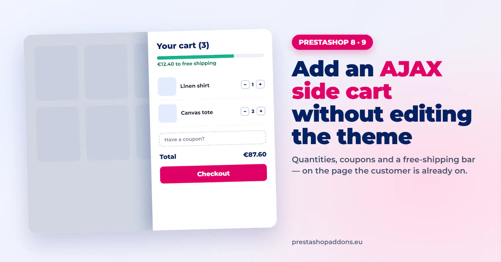 AJAX side cart panel in a PrestaShop store with quantity buttons, coupon field and free-shipping bar