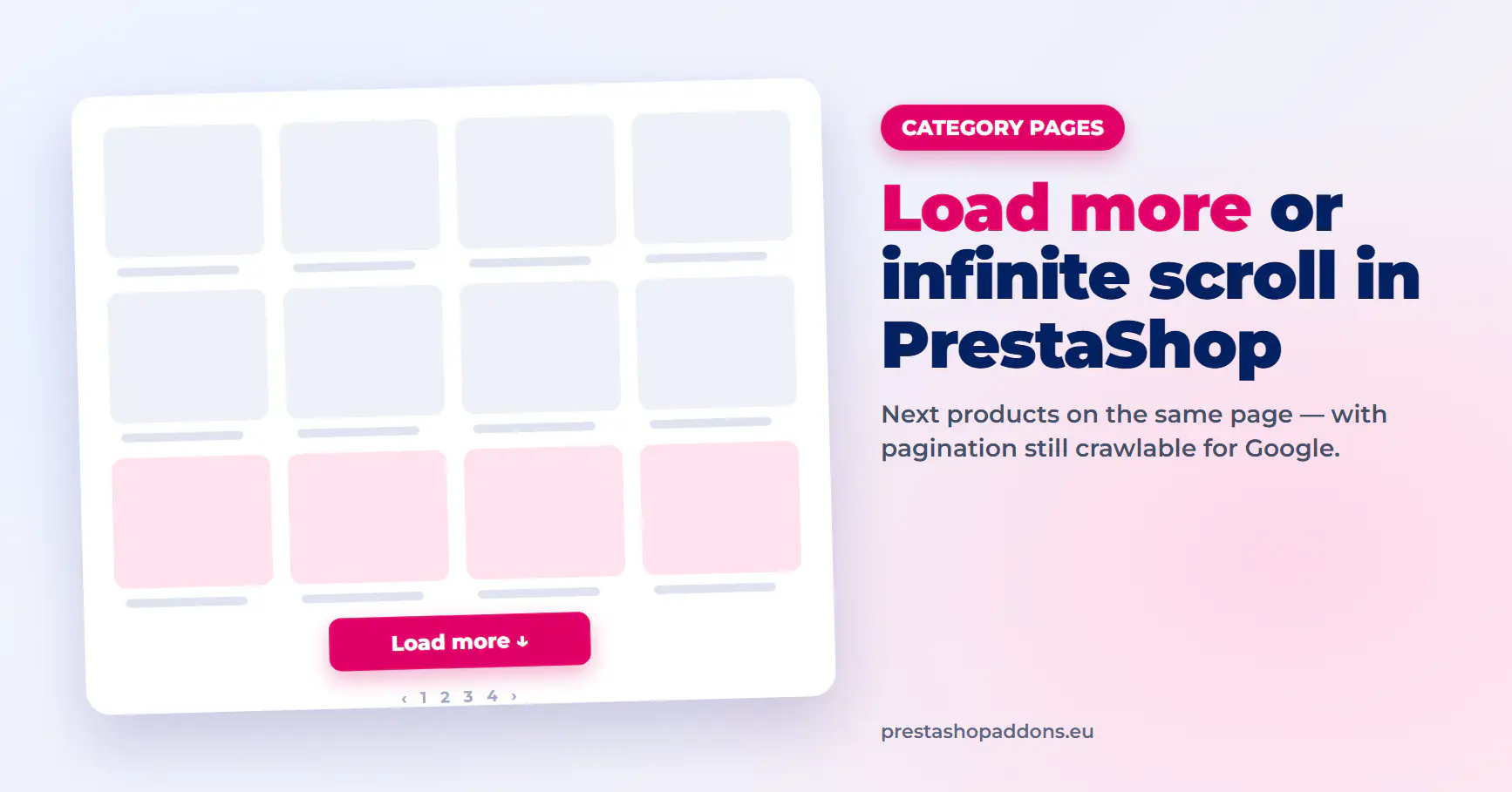 PrestaShop category page with a Load more button and pagination kept below the product grid